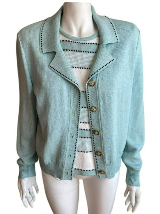 St John Sweaters - St John Sport Cardigan Knit Sweater Set Aqua Mint Celadon Green Sze Large Medium
